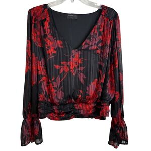 Lane Bryant 22 Black Red Floral Sheer Peplum Blouse Metallic Boho Whimsygoth Top